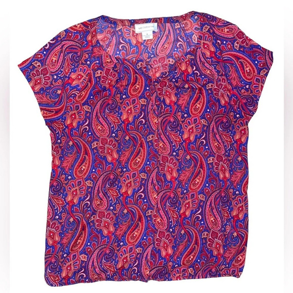 Liz Claiborne Paisley Short Sleeve Blouse Size Medium Red Blue Sheer Spring Boho - Picture 6 of 6